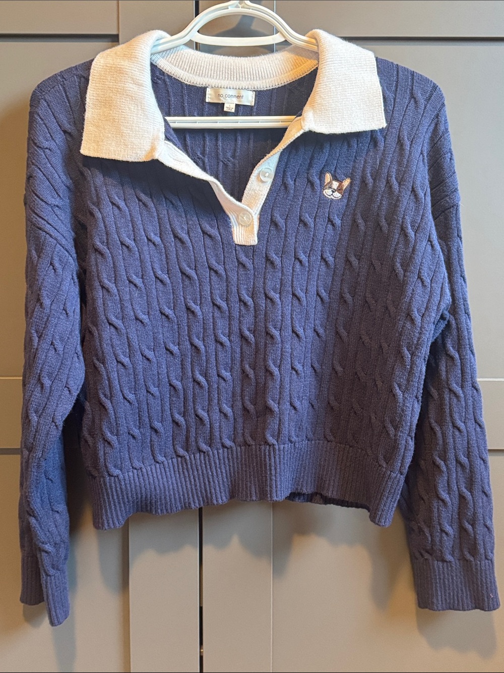 Contrast-Collar Cable Knit Polo Sweater - Blue